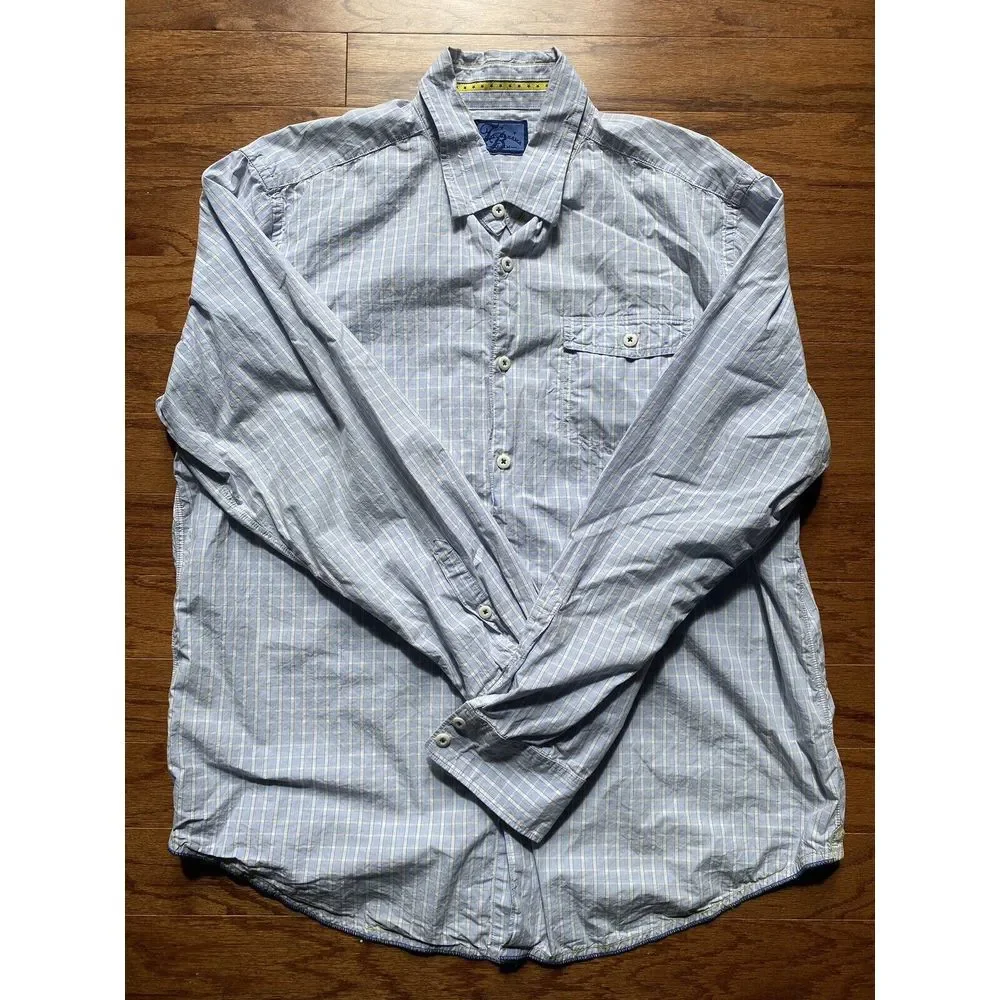 Tommy Bahama Denim Blue Brown White Striped Long Sleeved Button Down